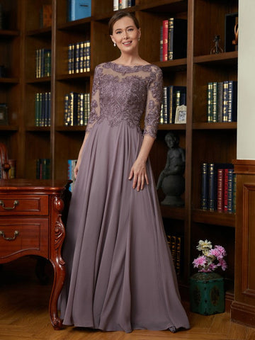 Nevaeh A-Line/Princess Chiffon Lace Scoop 3/4 Sleeves Floor-Length Mother of the Bride Dresses SJSP0020301