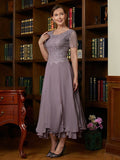 Deja A-Line/Princess Chiffon Lace Scoop Short Sleeves Ankle-Length Mother of the Bride Dresses SJSP0020353