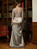 Marilyn A-Line/Princess Silk Like Satin Lace V-neck 3/4 Sleeves Sweep/Brush Train Mother of the Bride Dresses SJSP0020342