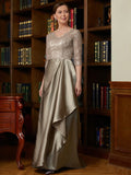 Marilyn A-Line/Princess Silk Like Satin Lace V-neck 3/4 Sleeves Sweep/Brush Train Mother of the Bride Dresses SJSP0020342