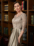 Marilyn A-Line/Princess Silk Like Satin Lace V-neck 3/4 Sleeves Sweep/Brush Train Mother of the Bride Dresses SJSP0020342