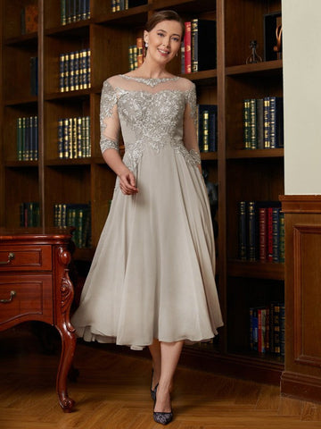 Rose A-Line/Princess Chiffon Lace Scoop 3/4 Sleeves Tea-Length Mother of the Bride Dresses SJSP0020300