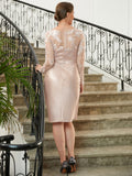 Harper Sheath/Column Satin Lace V-neck Long Sleeves Knee-Length Mother of the Bride Dresses SJSP0020359