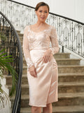 Harper Sheath/Column Satin Lace V-neck Long Sleeves Knee-Length Mother of the Bride Dresses SJSP0020359