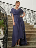 Sarah A-Line/Princess Chiffon Beading V-neck Short Sleeves Asymmetrical Mother of the Bride Dresses SJSP0020312