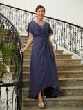 Sarah A-Line/Princess Chiffon Beading V-neck Short Sleeves Asymmetrical Mother of the Bride Dresses SJSP0020312