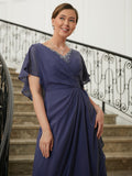 Sarah A-Line/Princess Chiffon Beading V-neck Short Sleeves Asymmetrical Mother of the Bride Dresses SJSP0020312