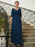 Harper A-Line/Princess Chiffon Ruched V-neck 1/2 Sleeves Floor-Length Mother of the Bride Dresses SJSP0020344