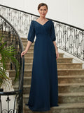 Harper A-Line/Princess Chiffon Ruched V-neck 1/2 Sleeves Floor-Length Mother of the Bride Dresses SJSP0020344