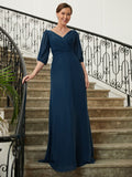 Harper A-Line/Princess Chiffon Ruched V-neck 1/2 Sleeves Floor-Length Mother of the Bride Dresses SJSP0020344