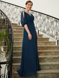 Harper A-Line/Princess Chiffon Ruched V-neck 1/2 Sleeves Floor-Length Mother of the Bride Dresses SJSP0020344