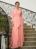 Josephine A-Line/Princess Chiffon Ruched V-neck Long Sleeves Sweep/Brush Train Mother of the Bride Dresses SJSP0020305