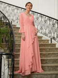 Josephine A-Line/Princess Chiffon Ruched V-neck Long Sleeves Sweep/Brush Train Mother of the Bride Dresses SJSP0020305