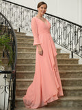 Josephine A-Line/Princess Chiffon Ruched V-neck Long Sleeves Sweep/Brush Train Mother of the Bride Dresses SJSP0020305