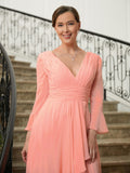 Josephine A-Line/Princess Chiffon Ruched V-neck Long Sleeves Sweep/Brush Train Mother of the Bride Dresses SJSP0020305