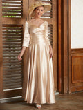 Rosemary A-Line/Princess Elastic Woven Satin Ruched V-neck 3/4 Sleeves Ankle-Length Mother of the Bride Dresses SJSP0020362