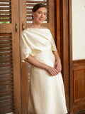 Yaritza A-Line/Princess Charmeuse Ruched Off-the-Shoulder 1/2 Sleeves Tea-Length Mother of the Bride Dresses SJSP0020363