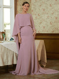 Amara Sheath/Column Chiffon Ruffles Scoop Long Sleeves Sweep/Brush Train Mother of the Bride Dresses SJSP0020360