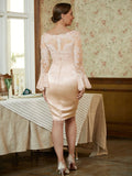 Cassandra Sheath/Column Satin Lace Scoop Long Sleeves Knee-Length Mother of the Bride Dresses SJSP0020315