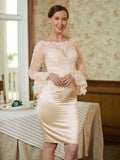 Cassandra Sheath/Column Satin Lace Scoop Long Sleeves Knee-Length Mother of the Bride Dresses SJSP0020315