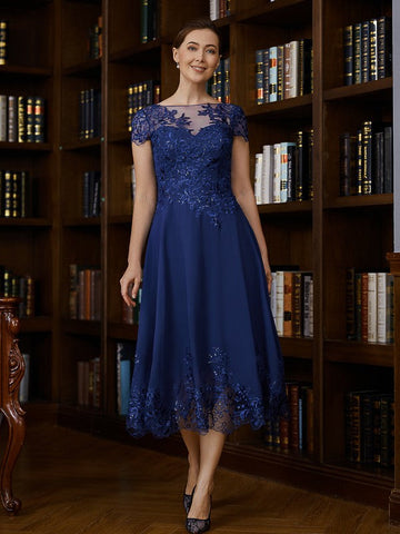 Lily A-Line/Princess Chiffon Applique Bateau Short Sleeves Tea-Length Mother of the Bride Dresses SJSP0020275