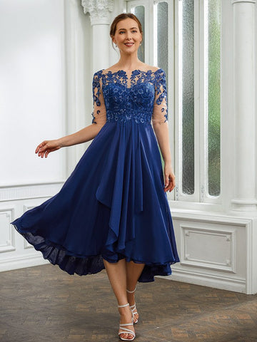 Cherish A-Line/Princess Chiffon Applique Bateau 1/2 Sleeves Tea-Length Mother of the Bride Dresses SJSP0020279