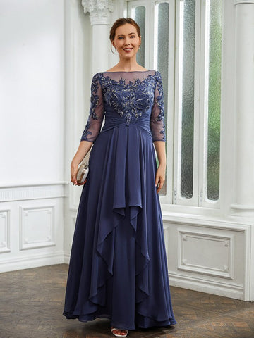 Everleigh A-Line/Princess Chiffon Applique Bateau 3/4 Sleeves Floor-Length Mother of the Bride Dresses SJSP0020266