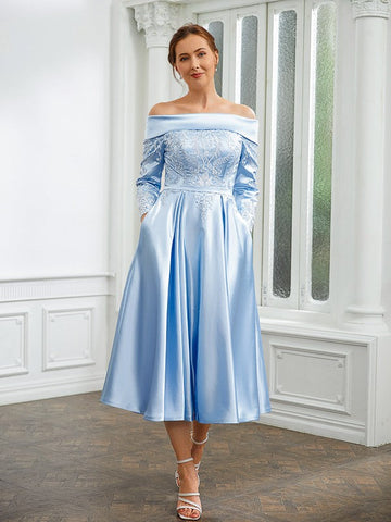 Joanne A-Line/Princess Elastic Woven Satin Ruched Off-the-Shoulder Long Sleeves Tea-Length Mother of the Bride Dresses SJSP0020269