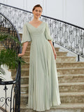 Hazel A-Line/Princess Chiffon Ruched V-neck 1/2 Sleeves Floor-Length Mother of the Bride Dresses SJSP0020271