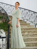 Hazel A-Line/Princess Chiffon Ruched V-neck 1/2 Sleeves Floor-Length Mother of the Bride Dresses SJSP0020271