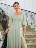 Hazel A-Line/Princess Chiffon Ruched V-neck 1/2 Sleeves Floor-Length Mother of the Bride Dresses SJSP0020271