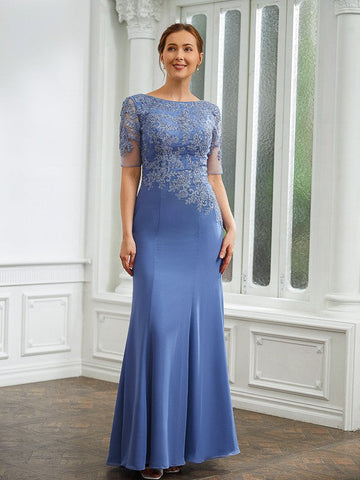 Patsy Sheath/Column Chiffon Applique Bateau Short Sleeves Floor-Length Mother of the Bride Dresses SJSP0020272