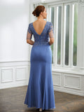 Patsy Sheath/Column Chiffon Applique Bateau Short Sleeves Floor-Length Mother of the Bride Dresses SJSP0020272