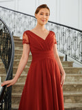 Toni A-Line/Princess Chiffon Ruched V-neck Short Sleeves Asymmetrical Mother of the Bride Dresses SJSP0020273