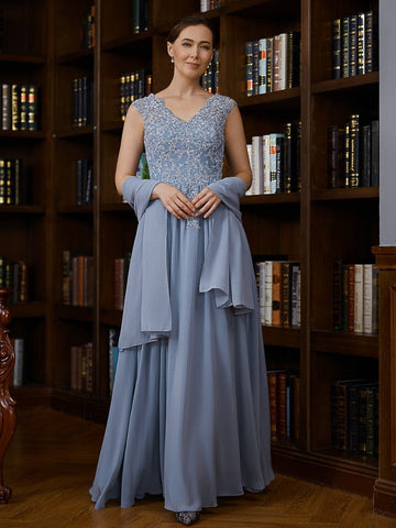 Dylan A-Line/Princess Chiffon Applique V-neck Sleeveless Floor-Length Mother of the Bride Dresses SJSP0020259