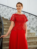 Lucy A-Line/Princess Chiffon Applique Scoop Short Sleeves Sweep/Brush Train Mother of the Bride Dresses SJSP0020260