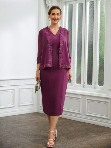 Riley Sheath/Column Chiffon Applique V-neck Sleeveless Tea-Length Mother of the Bride Dresses SJSP0020263