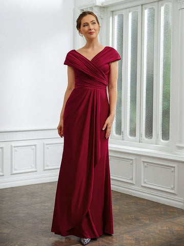 Kaylie Sheath/Column Jersey Ruched V-neck Short Sleeves Floor-Length Mother of the Bride Dresses SJSP0020252