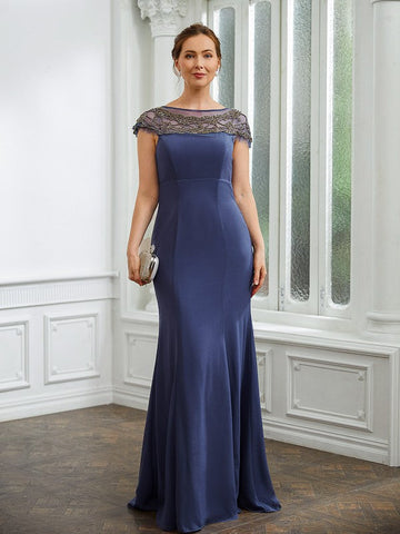 Abbigail Sheath/Column Chiffon Beading Bateau Short Sleeves Floor-Length Mother of the Bride Dresses SJSP0020253