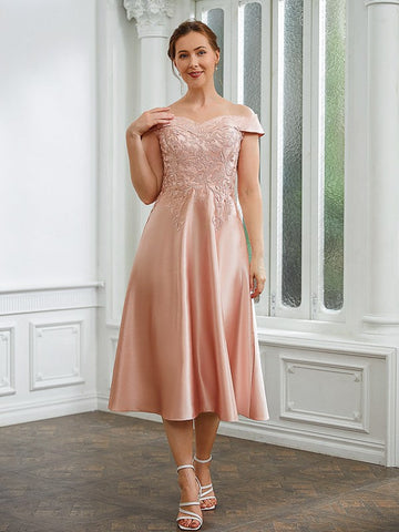 Valerie A-Line/Princess Satin Applique Off-the-Shoulder Sleeveless Tea-Length Mother of the Bride Dresses SJSP0020255