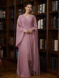 Sadie A-Line/Princess Chiffon Ruched V-neck 3/4 Sleeves Floor-Length Mother of the Bride Dresses SJSP0020251