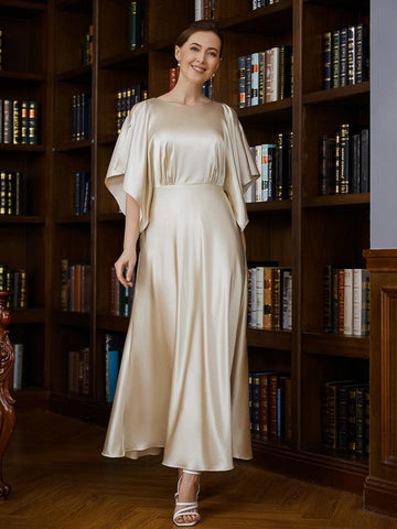 Samantha A-Line/Princess Silk like Satin Ruched Scoop 1/2 Sleeves Ankle-Length Mother of the Bride Dresses SJSP0020243