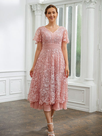 Jayleen A-Line/Princess Chiffon Applique V-neck Short Sleeves Tea-Length Dresses SJSP0020244