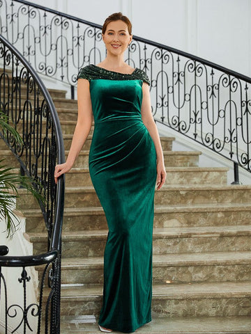 Poll Sheath/Column Velvet Ruched V-neck Sleeveless Floor-Length Mother of the Bride Dresses SJSP0020245