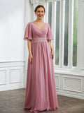 Elvira A-Line/Princess Chiffon Ruched V-neck 1/2 Sleeves Floor-Length Mother of the Bride Dresses SJSP0020248