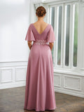 Elvira A-Line/Princess Chiffon Ruched V-neck 1/2 Sleeves Floor-Length Mother of the Bride Dresses SJSP0020248