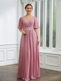 Elvira A-Line/Princess Chiffon Ruched V-neck 1/2 Sleeves Floor-Length Mother of the Bride Dresses SJSP0020248