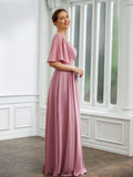 Elvira A-Line/Princess Chiffon Ruched V-neck 1/2 Sleeves Floor-Length Mother of the Bride Dresses SJSP0020248