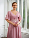 Elvira A-Line/Princess Chiffon Ruched V-neck 1/2 Sleeves Floor-Length Mother of the Bride Dresses SJSP0020248