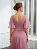 Elvira A-Line/Princess Chiffon Ruched V-neck 1/2 Sleeves Floor-Length Mother of the Bride Dresses SJSP0020248